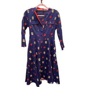 Onebuy Navy Blue Lipstick Lips Novelty Print Fit Flare Midi Dress Womens Size s